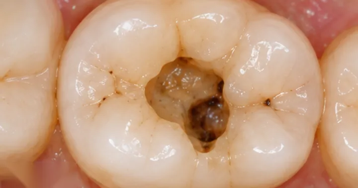 Before: a molar with decay opening through the chewing surface